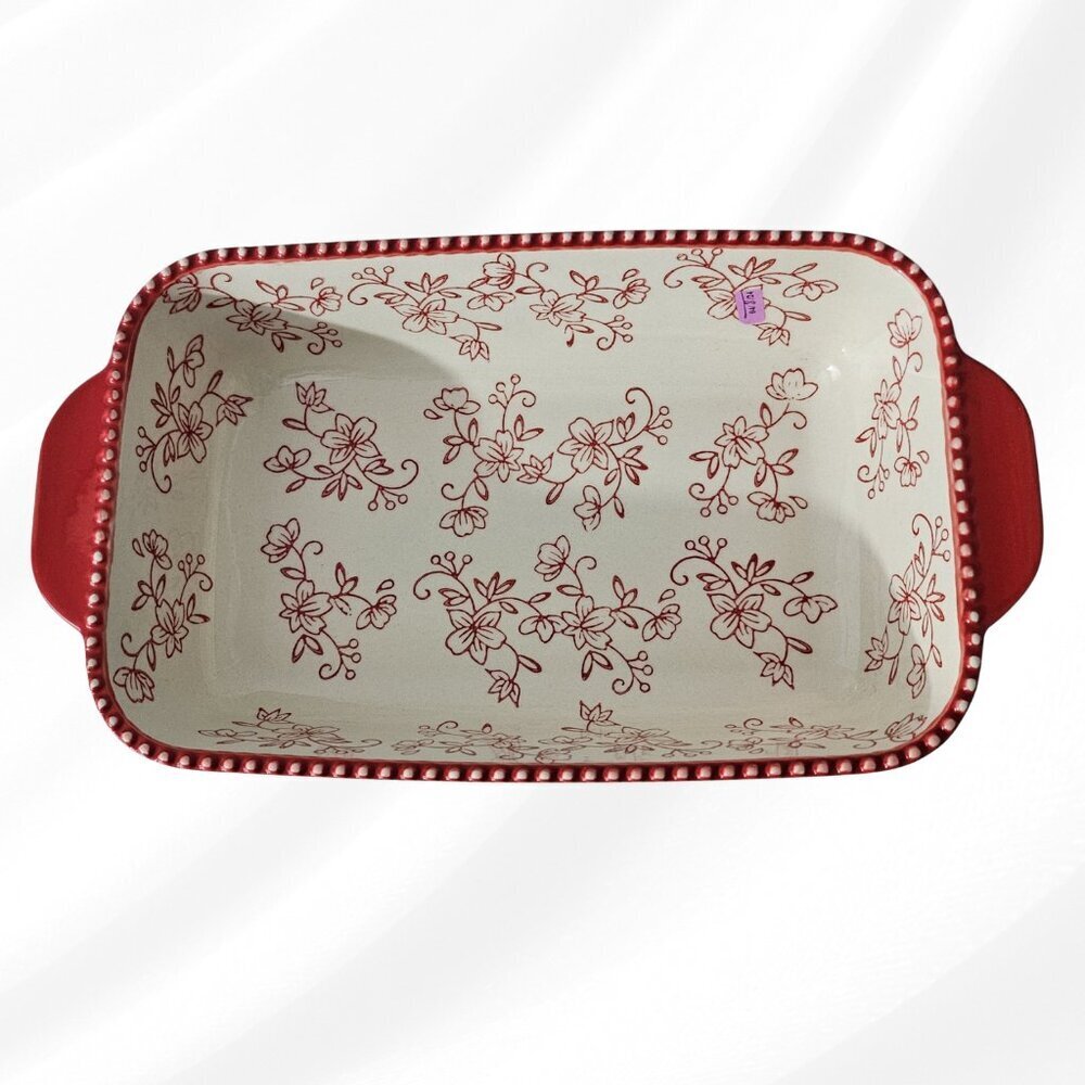 Temp‑Tations Floral Lace Red 13" Rectangular Baker- Stoneware Dish
